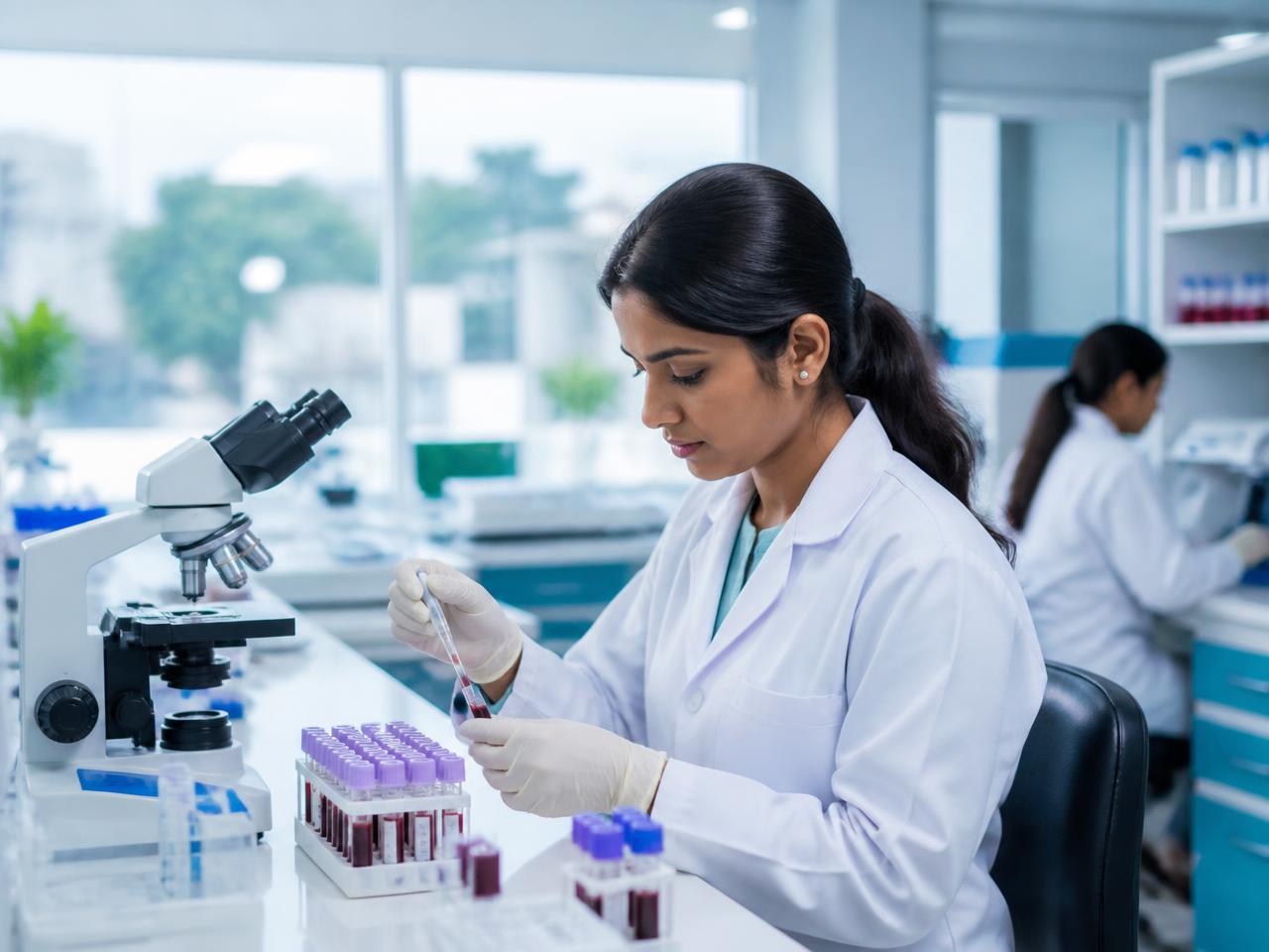 Laboratory technician processing blood samples at Trisha Diagnostics